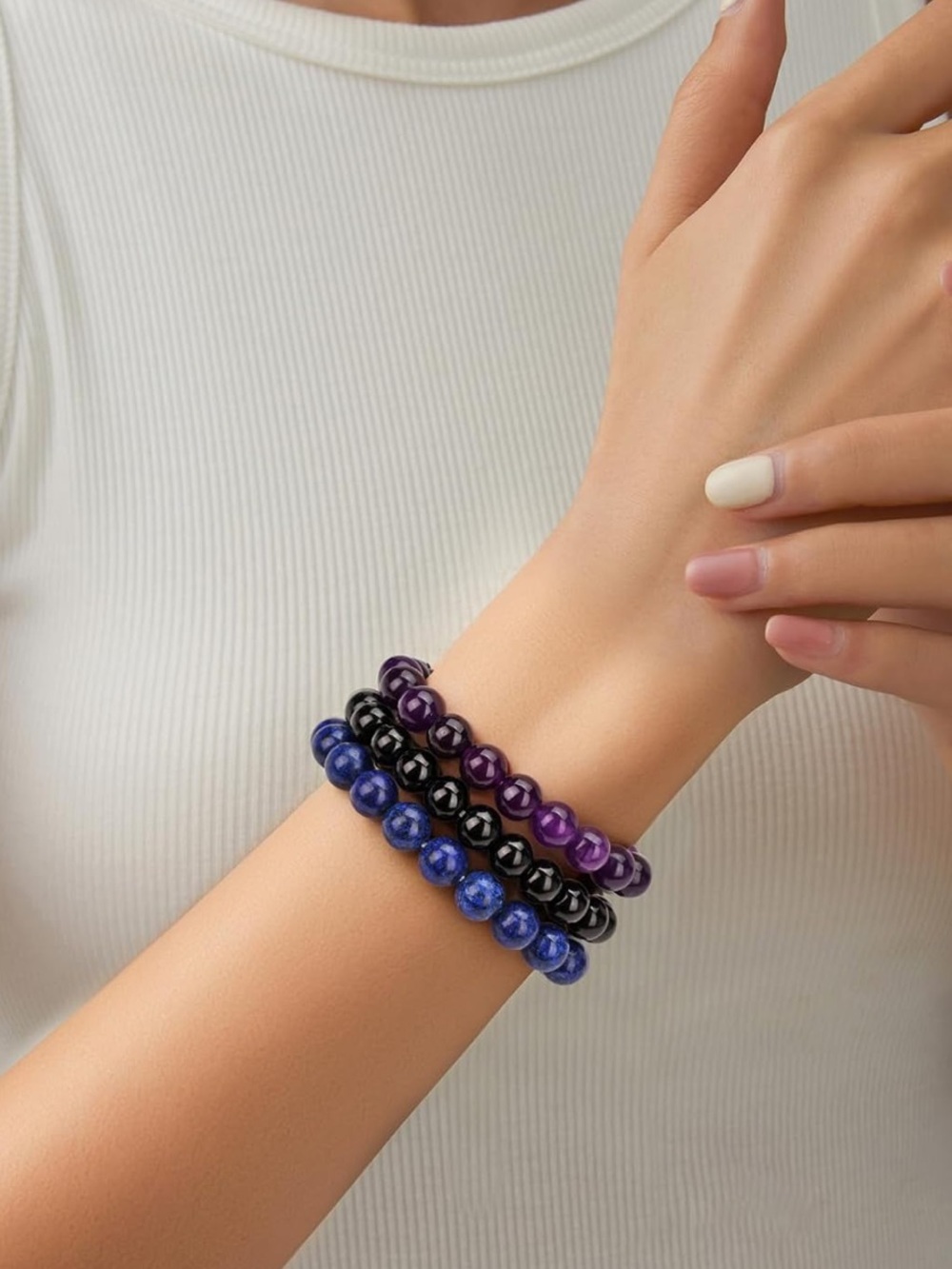 🆕New Stress Relief Gemstone Bracelet Set-Amethyst, Obsidian & Lapis Lazuli - Picture 4 of 9